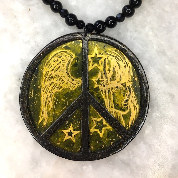 Peace Handcrafted Brass/Copper mixed metal on gemstone beaded necklace 20-22β - Picture 3 of 16